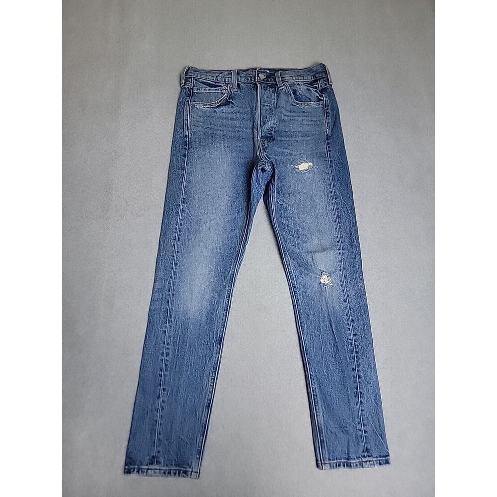 Levis Mens 501 ALTERED 30x28 Jeans Slinny Button Fly Mid Rise Blue Distressed‎